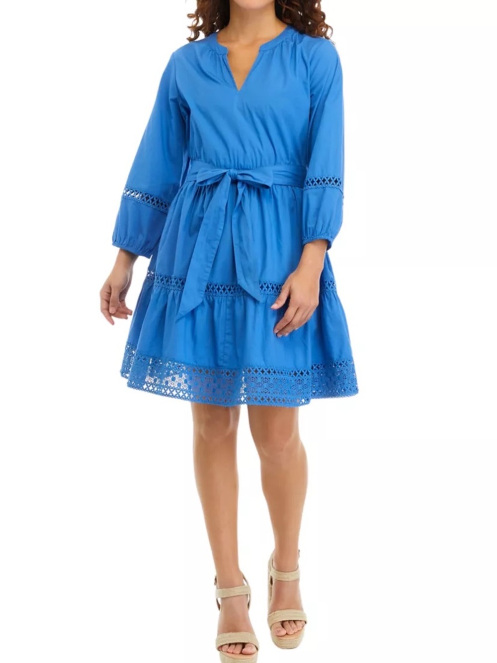 Wonderly Blue Eyelet Tie-Waist Tiered Mini Dress